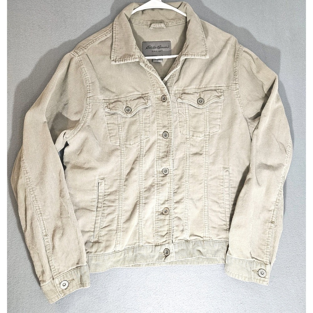 Vintage Eddie Bauer Women's Tan Jacket Large 100%Cotton Trucker Button Front EUC